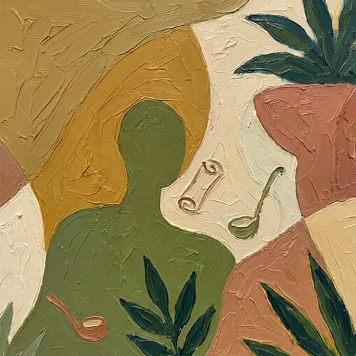 Retrato do Apício: uma silhueta verde-oliva sem rosto, com uma concha e folhas pintadas ao redor, à maneira de Tarsila do Amaral.